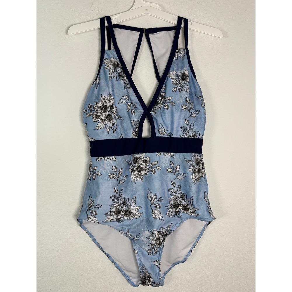 Marilyn Monroe Blue Floral One Piece Swimsuit V-Neck Keyhole Back 1X‎